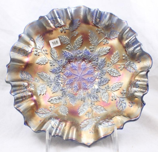 Carnival Glass Fenton Holly 8.5"d bowl with 3-in-1 border, cobalt