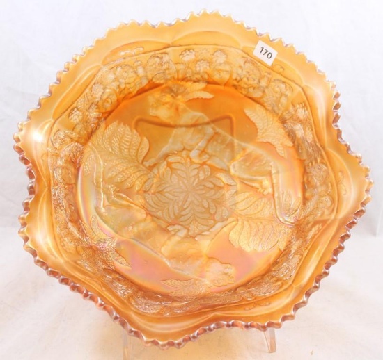 Carnival Glass Fenton Panther/Butterfly and Berry 10"d ftd. master berry bowl, marigold