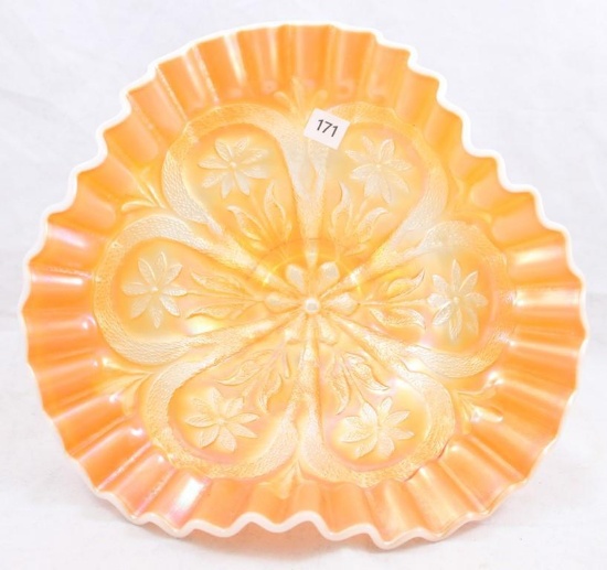 Carnival Glass Dugan Flowers and Frames 8"d tri-corner dish, peach opalescent