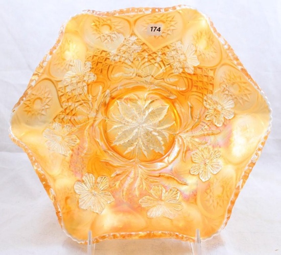 Carnival Glass Millersburg Primrose/Fine Cut Hearts 10" bowl, marigold
