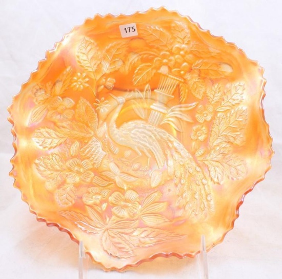 Carnival Glass Peacock and Urn 9"d bowl, marigold