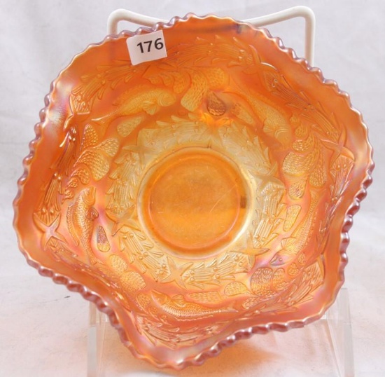 Carnival Glass Fenton Little Fishes 5.5"d ftd. Berry bowl, marigold