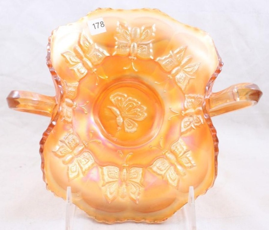 Carnival Glass Fenton Butterflies dbl. handled 7.5"h bon bon, marigold