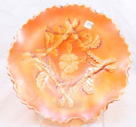 Carnival Glass Dugan Apple Blossom Twigs/Big Basketweave 8.5" ice cream shaped bowl, marigold