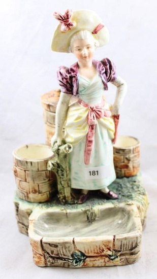 Porcelain Victorian lady smoking set incl. ash tray/match holder/cigarette holder, 9" tall