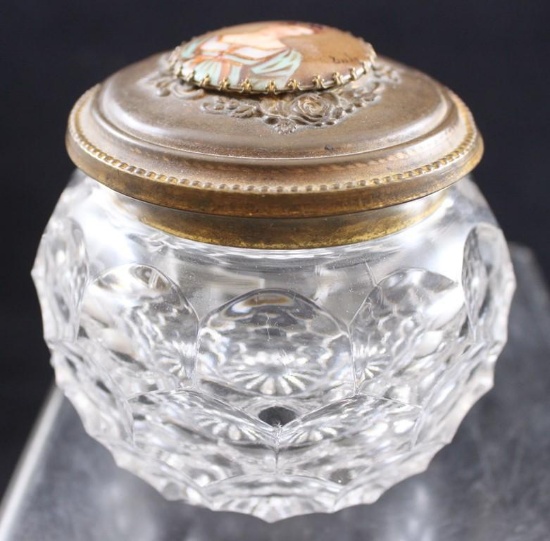 Crystal 4"h vanity powder jar with gold decorative lid with porcelain medallion featuring portrait