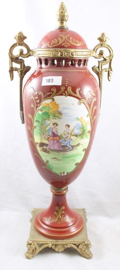 Victorian 15.5"h lidded vase, dbl. gold handles and gold platform base, Courting couple in garden