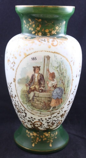 Mrkd. Austria 12.5"h vase, Victorian couple at water well, green and white with heavy gold accents