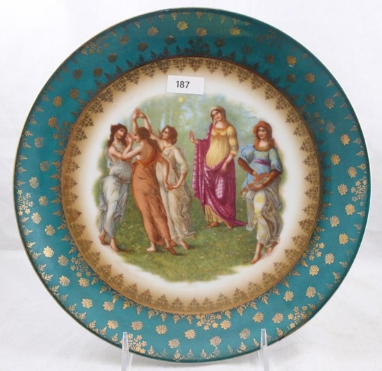 Hand Painted 10"d charger, Victorian ladies dancing, dark green border with lots of gold stenciling