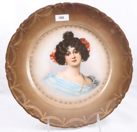 Hand Painted porcelain portrait plate, 10"d, brown tones