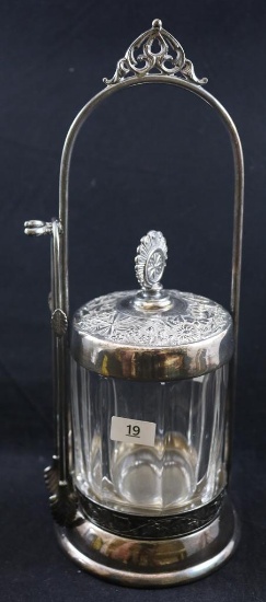 Pickle castor, clear Wide Panel container with decorated silverplate lid and hard white metal holder