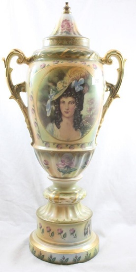 Hand Painted Porcelain 19"h dbl. handled lidded urn, lady portrait surrounded by pink roses on muted
