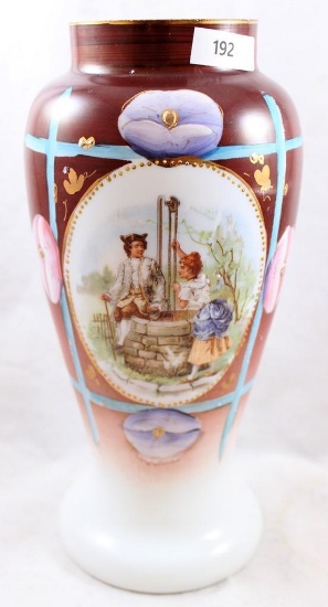 Victorian scenic Bristol Glass 9.75"h vase, Victorian couple at water well on brown and white