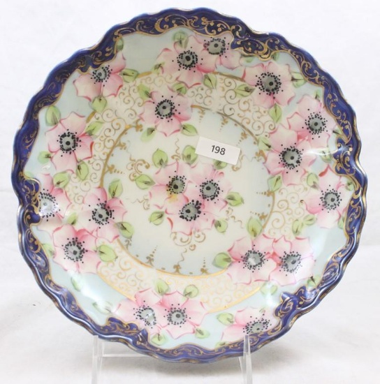 Nippon-style 9"d bowl, large pink blossoms with cobalt scalloped border