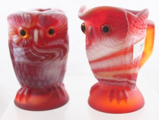 Imperial Red Slag Glass Owl creamer and sugar, paper label - Olden End O'Day Glass