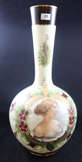Victorian Portrait Bristol Glass 15"h vase with stick neck, maroon flowers/green leaves and gold