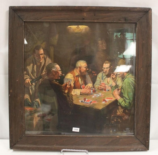 Framed picture meas. 18.5"w x 19"h, intense game of poker after day of bird hunting