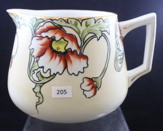 Hand Painted porcelain 6"h lemonade or cider pitcher, large stylized flowers/green leaves