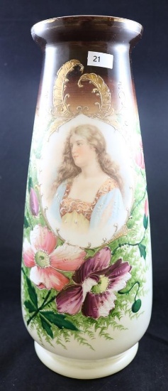 Victorian Portrait Bristol Glass 15"h vase, pink and maroon flowers/green leaves and gold accents