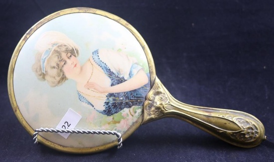 Victorian vanity beveled hand mirror, embossed flowers on handle, nice portrait on back
