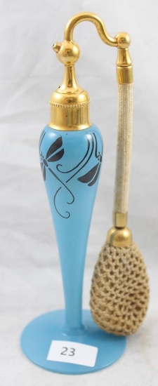 DeVilbiss perfume bottle w/atomizer, 7", great blue color with black Art Deco decoration