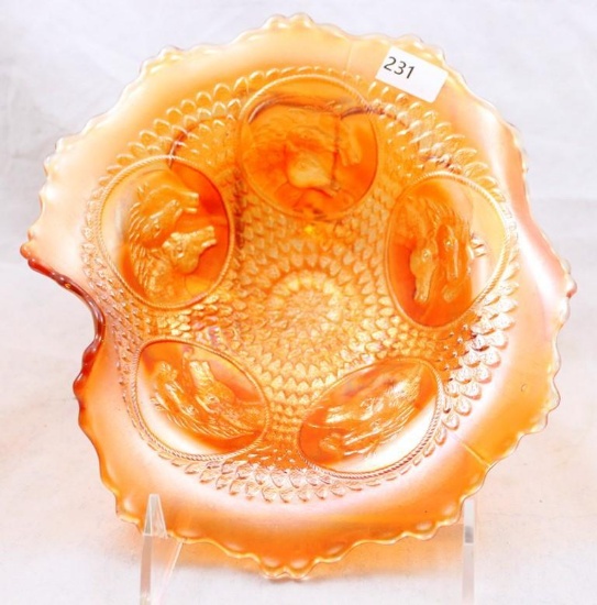 Carnival Glass Fenton Horses' Heads 7.5"d ftd. Bowl with 1 side pulled up, marigold