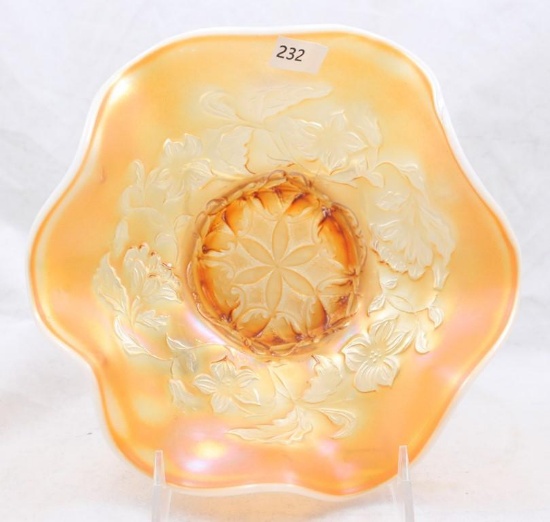Carnival Glass Dugan Six Petals 7"d ruffled bowl, peach opalescent