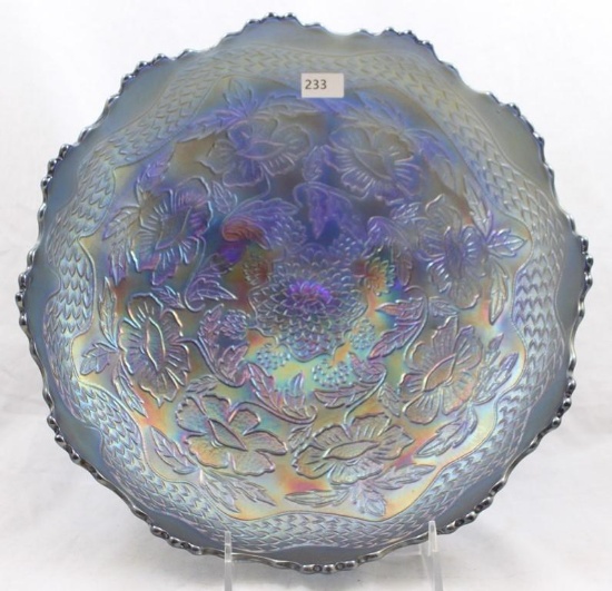 Carnival Glass Fenton Two Flowers 10.5"d ftd. ice cream shaped bowl, cobalt