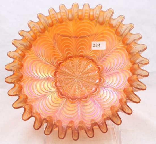 Carnival Glass Fenton Peacock Tail 7.5"d bowl with pie crust edge, marigold