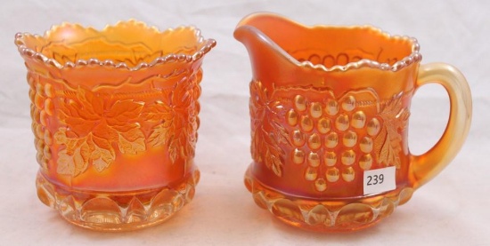 Carnival Glass Northwood Grape and Cable 4.25"h creamer and 4"h sugar, marigold