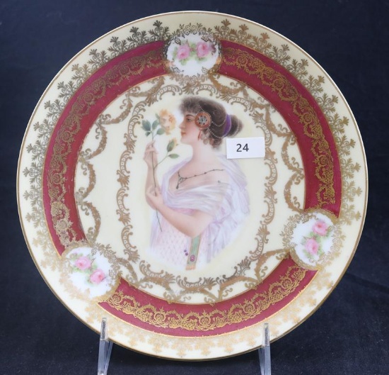 Prov Saxe 8.25"d plate, Lady holding Rose design, green beehive mark