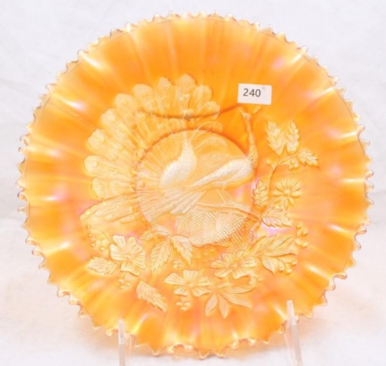 Carnival Glass Northwood Peacock on Fence 8.5"d bowl, marigold