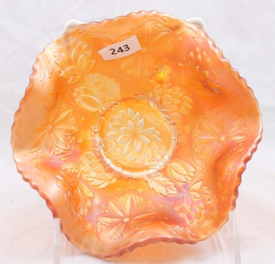 Carnival Glass Fenton Water Lilly 5"d ftd. Berry bowl, marigold