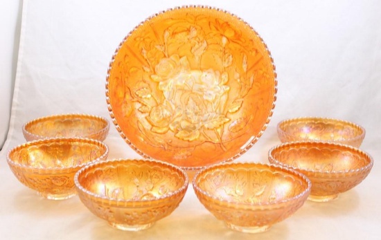 Carnival Glass Imperial Lustre Rose 7 pc. berry set, marigold: 9"d master bowl and (6) 5"d invidual