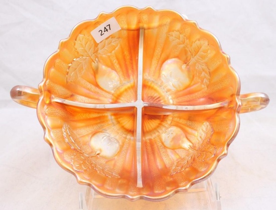 Carnival Glass Fenton Two Fruits 6" divided bowl, marigold