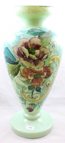 Victorian mint green Bristol Glass 14"h vase decorated with maroon flowers/green leaves