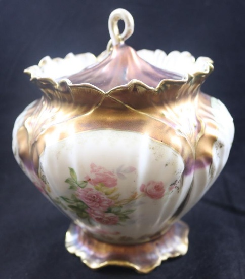 R.S. Prussia biscuit/cracker jar, dainty pink flowers, iridescent Tiffany finish