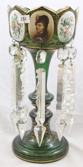 Victorian emerald green 11.5"h mantel lustre, medallions encircle top alternating with lady
