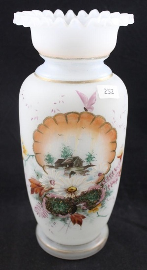 Victorian scenic Bristol Glass 10.25"h vase with pie crust rim, farm house/flowers/butterfly on