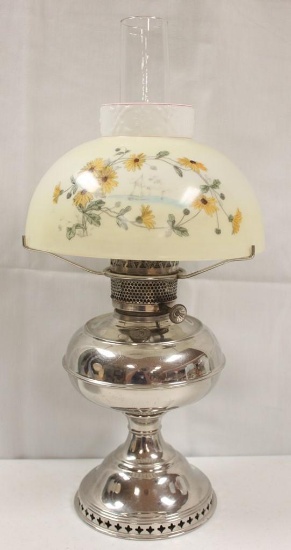 Rayo kerosene lamp with mushroom-shaped shade decorated with sunflowers