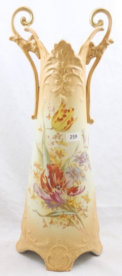 Mrkd. Austria 15" tall dbl. handled vase, beige and cream background with mixed florals