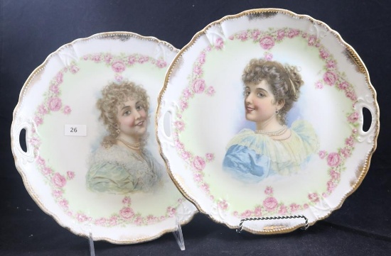 (2) Mrkd. Three Crown China/Germany 9.5"d portrait cake plates, pink roses frame women