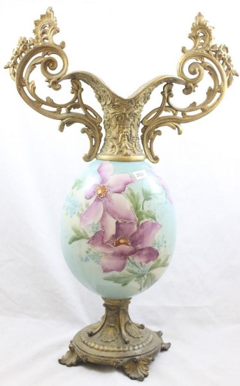Hand Painted porcelain 19" tall vase decorated with large purple blossoms on blue tones, elaborate