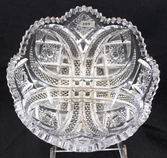 American Brilliant Cut Glass bowl, 8"d x 3.5"h, 4 oval-shaped designs decorated with