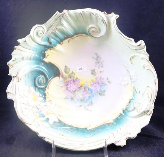 R.S. Prussia 11"d bowl with scrolled and floral border mold, lavender lilacs, green shading, circle