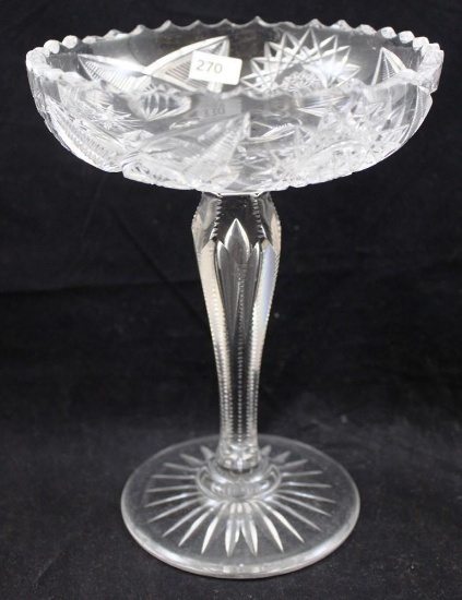 American Brilliant Cut Glass 7.5"h compote, Hobstars alternating with 4-point shapes decorated with