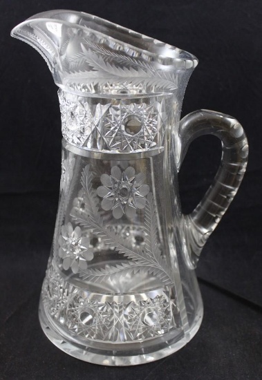 American Brilliant Cut Glass 10.25"h pitcher, Intaglio flowers and fern leaves paired with Hobstars