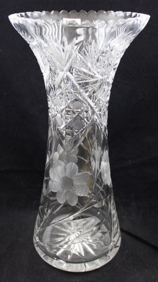 American Brilliant Cut Glass 12"h vase, Intaglio daisies/Pinwheel/Buttons, etc. (couple top rim