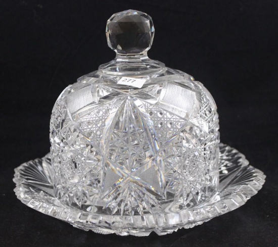 American Brilliant Cut Glass covered cheese dish, 9"d underplate, 8" tall,