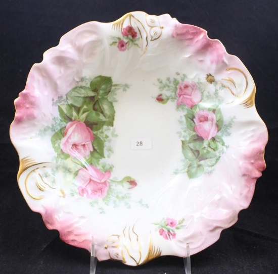 Mrkd. PS Germany 10.5"d bowl, pink roses/green leaves with pink shaded border